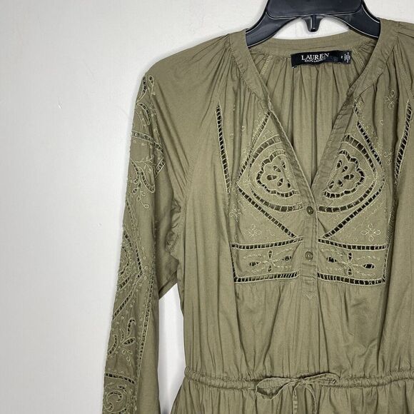 LAUREN Ralph Lauren Sulashka Dress Women 2 Olive Green Embroidered A-Line Cotton - Picture 4 of 14